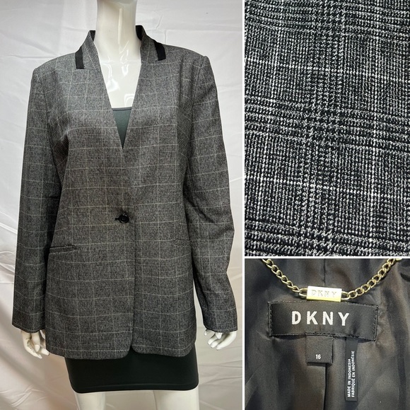 Dkny Womens Collarless Pinstripe One Button Blazer Gray Size 16